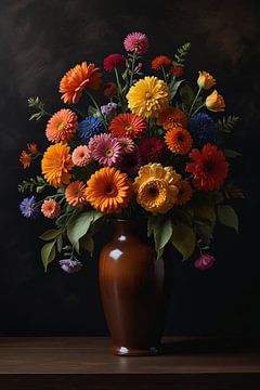 Fleurs colorées dans un vase foncé sur De Muurdecoratie