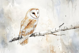 Schleiereule auf einem Birkenast – Stimmungsvolles Aquarell in Beigetönen von Eva Lee