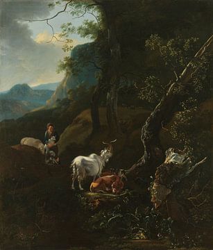Een herderin met dieren in een bergachtig landschap, Adam Pijnacker