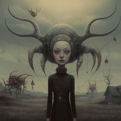 Bizarre landscape and beautiful girl with strange creatures