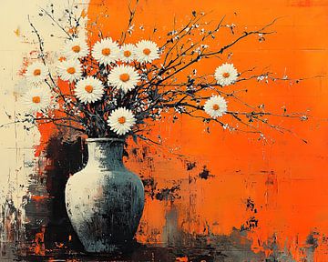 Abstract Bloemen Oranje | Vibrant Vase and Daisy Ensemble van Kunst Kriebels