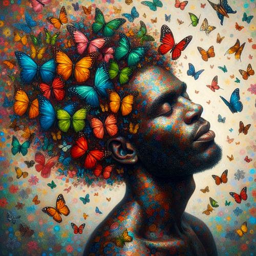 Kleurrijke vlinders in zijn haar