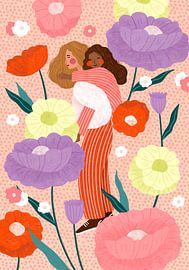 Moeder en dochter in bloementuin van Bea Muller