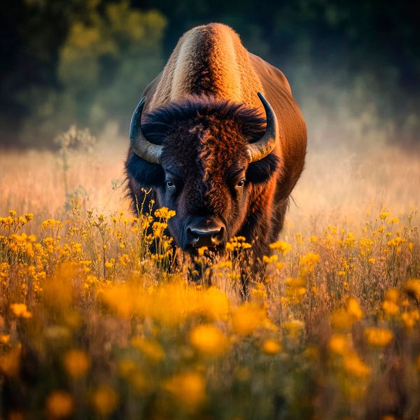 Bison in Blumenfeld von Poster Art Shop