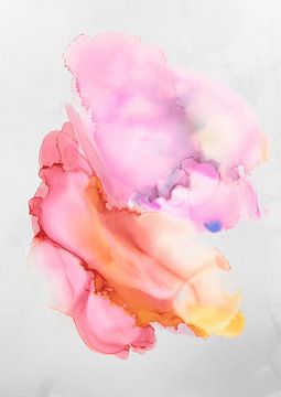 Kleurrijk, modern abstract aquarel in oranje, roze en geel. van Studio Allee