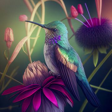 Hummingbird and Flowers, Art Illustration by Animaflora PicsStock