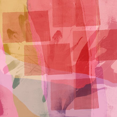 Kleurrijk modern abstract schilderij in neonroze, warm rood en oker