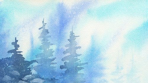 Winterstimmung horizontales Panorama Aquarellgemälde von Karen Kaspar