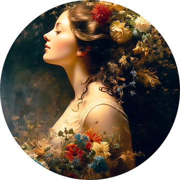 Elegante Dame met Bloemen - Art Nouveau Schilderij vol contrast en verfijning van Roger VDB