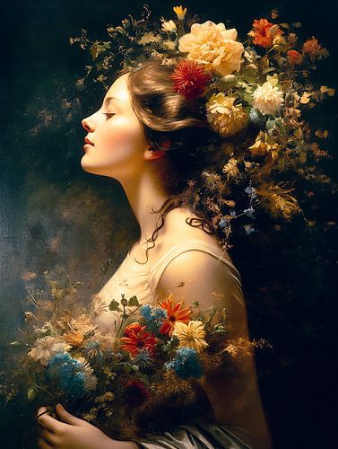Elegante Dame mit Blumen - Jugendstil-Gemälde voller Kontrast und Raffinesse von Roger VDB