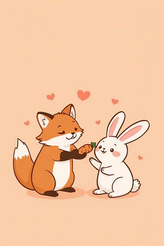 Cartoon Fox Offering Carrot to Cartoon Rabbit