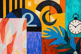 Kleurrijk abstract schilderij met klokken en bladeren van Art & Soul Creations