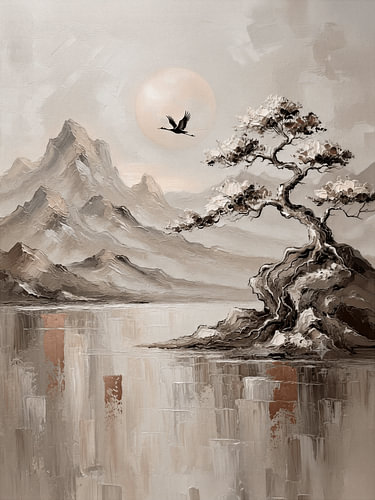 Beruhigende japanische Zen-Landschaft mit Bonsai und Kranich