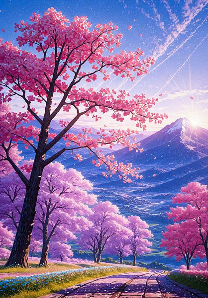 Sunset Mountain Cherry Blossom Sakura (fleurs de cerisier) par Ruzerin