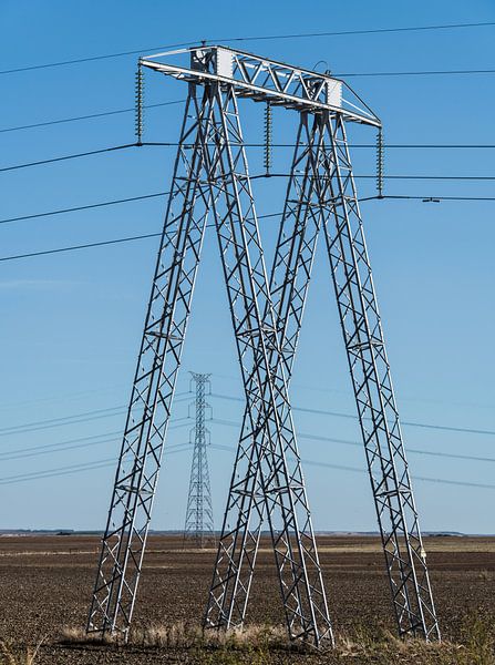 Strommasten in der Landschaft und ein strahlend blauer Himmel von Harrie Muis