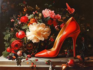 Roter Absatz mit Blumen