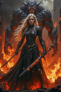 Dark Fantasy Décoration Murale: SYLVARA - La guerrière infernale avec ses démons