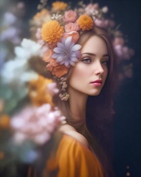 Dromerig vrouwenportret met bloemen gemaakt met Generative AI van Markus Gann
