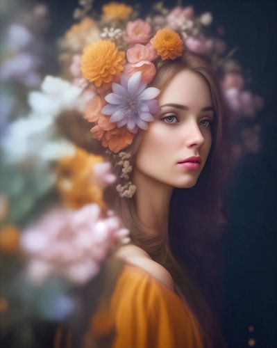 Dromerig vrouwenportret met bloemen gemaakt met Generative AI
