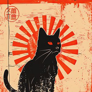 Moderne orientalische Illustration: Katze mit strahlender Sonne