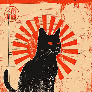 Moderne Oosterse Illustratie: Kat met Stralende Zon van Vlindertuin Art