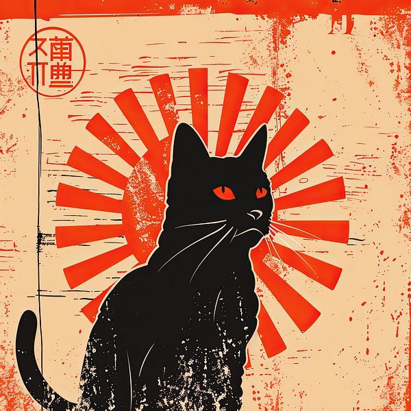 Moderne Oosterse Illustratie: Kat met Stralende Zon van Vlindertuin-Art