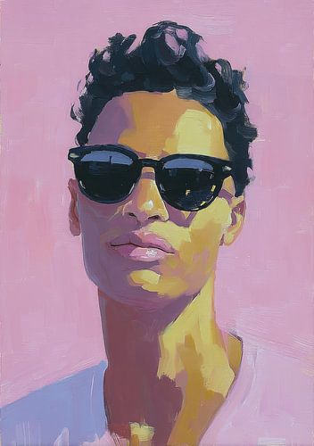 Portret met zonnebril tegen roze achtergrond