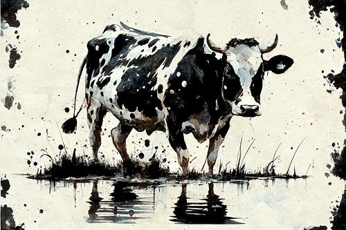 Holstein cow in the mud in ink blot style