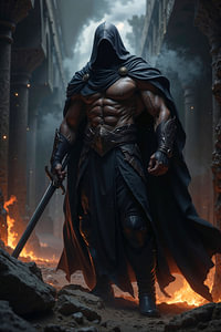 Dark Fantasy Décoration Murale: VALDRAK – Le Guerrier Sombre des Ruines en Flammes
