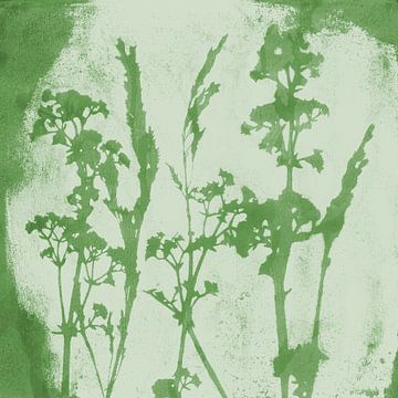 Grüne Blumen, Wiese Träume. Botanische Illustration im Retro-Stil in grün und weiß von Dina Dankers