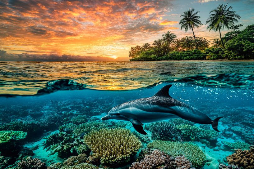 Delfin schwimmt über Korallenriff von Poster Art Shop