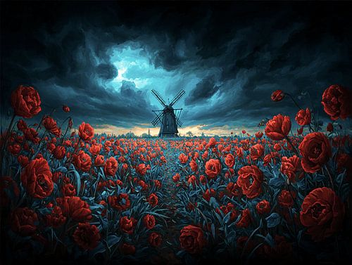 Windmill in a field full of red roses under threatening clouds