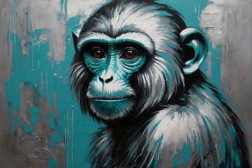 Le regard intense d'un singe turquoise sur De Muurdecoratie