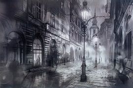 Drawing of an atmospheric city, Monochrome, grey and black by Peter Pen Drawings and Paintings