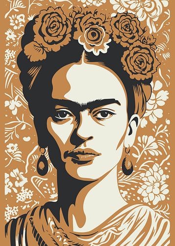 Le visage iconique, "Le pouvoir de Frida" en ocre foncé et noir