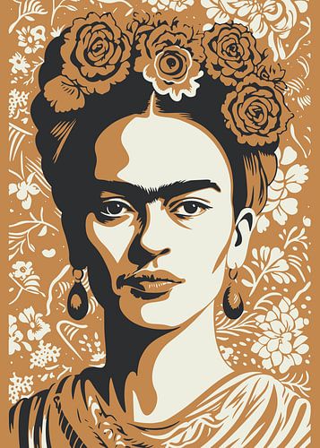 Het Iconische Gezicht, &quot;Frida&#039;s Kracht&quot; in diep oker en zwart