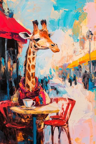 Giraffe in a café with coffee