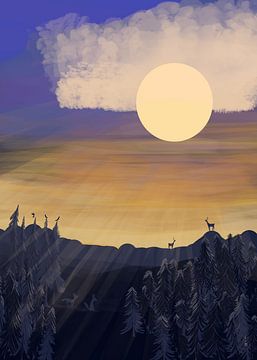 Zonsopkomst in de bergen - illustratie van Linda van Moerkerken