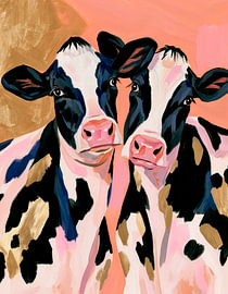 Two cows together in shades of pink and gold by Lina van Oers