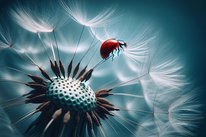 Gentle touch: ladybird on dandelion by artefacti