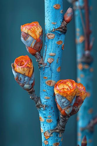 Fleurs orange sur branche bleue