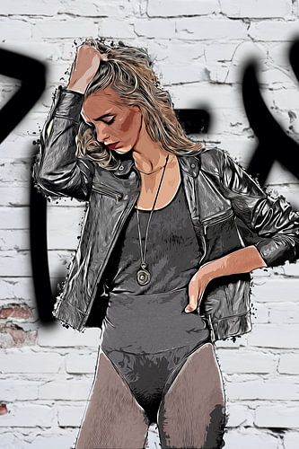 Femme graffiti en blouson de cuir et body
