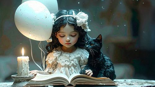 Kleine prinses met haar boek en kat...