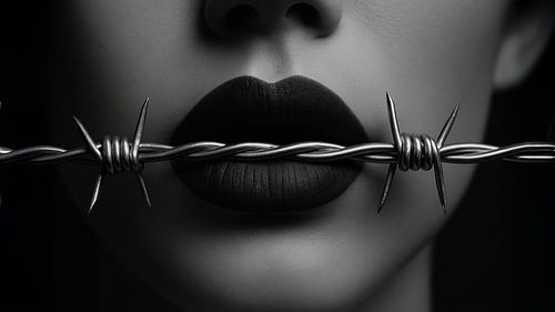 Expressive black-and-white art photo with lips and barbed wire - powerful and symbolic statement