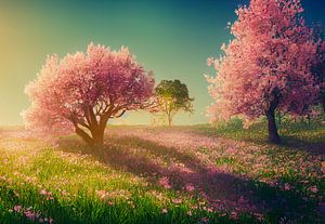 Frühlingslandschaft mit Bäumen und Gras, Illustration