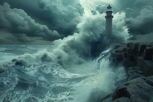 Noordzee Dramatische scène met vuurtoren en stormwolken