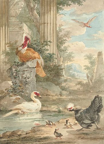 Turkije en andere vogels in de buurt van klassieke ruïnes in een park, Aert Schouman