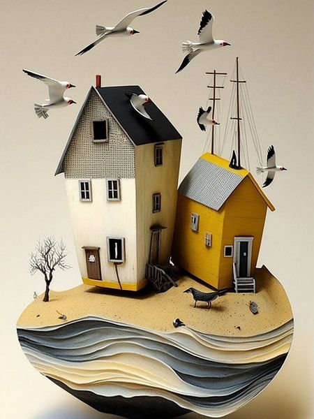 Paysage côtier Île Maisons Oiseaux surréaliste Papier Maritim par gm_designs