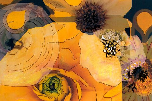 Mixed media with different flowers in yellow and brown shades.