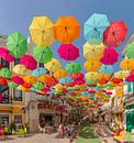 Umbrella Sky Project,  straat vol met gekleurde paraplu’s, Águeda, Beira Litoral, Portugal van Rene van der Meer thumbnail